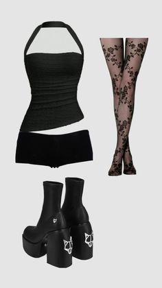 A black halter top, shorts, floral stockings, and platform boots with fox emblems