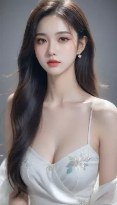 Woman with long dark hair wearing a white dress with floral embellishments