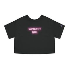 Black crop top with 'Midnight Sun' in pink neon text
