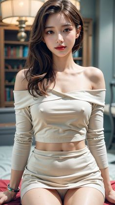 Woman in an off-shoulder top and mini skirt indoors