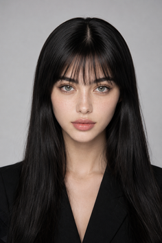 Woman with long black hair and bangs wearing a black blazer
