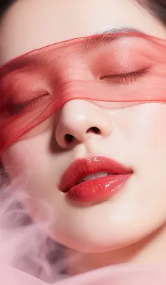 Close up of a woman's face with a red blindfold and glossy red lips