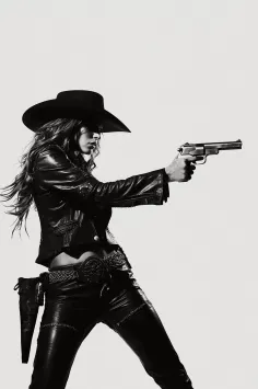 Woman in a cowboy hat and leather outfit holding a gun in a monochrome shot