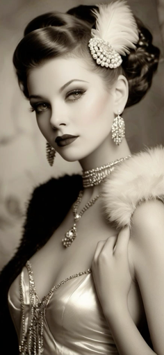 Woman with an updo and feather accessory, wearing jewelry and a fur stole