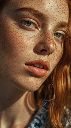 Close up portrait of a person with red hair, freckles, and blue eyes
