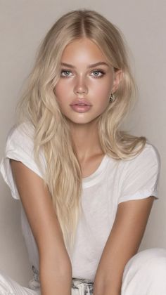 Blonde woman with blue eyes wearing a white t-shirt and earrings