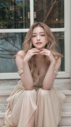 Woman with long blonde hair in a light dress, sitting indoors