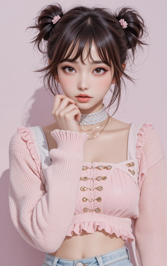 Woman with twin tails and a pink top with exposed midriff