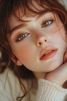 Close up portrait of a woman with red hair, freckles, and green eyes