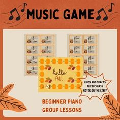 Music game for beginner piano group lessons with a fall theme