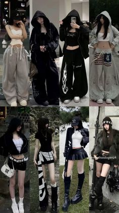 Collage of women in various streetwear outfits, featuring crop tops and baggy pants