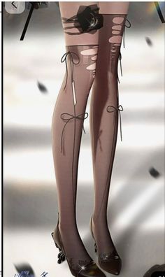Illustration of legs in torn stockings with bows and high heels