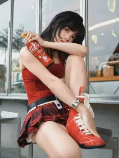 Woman in a red top and plaid skirt holding a bottle, sitting outdoors