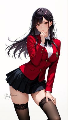 Anime girl in a red blazer and pleated skirt with thigh-high socks