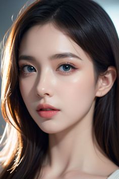 Realistic portrait of a woman with long dark hair and blue eyes