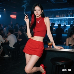 Woman in a red top and mini skirt holding a cigarette in a bar