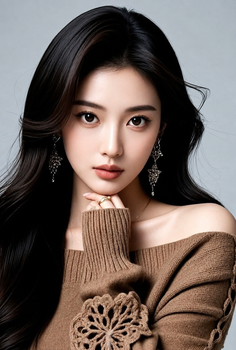 Woman with long black hair wearing an off-shoulder sweater and earrings