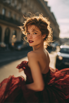 Woman in a red dress with messy hair looking over her shoulder at golden hour
