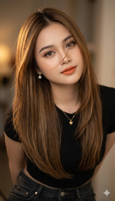 Woman with long brown hair wearing a black t-shirt and jeans