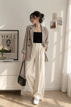 Woman in a beige blazer and wide-leg pants standing indoors