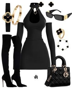 A black dress with matching thigh-high boots and gold accessories