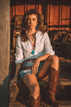 Woman in cowboy boots and denim shorts sitting outdoors at golden hour