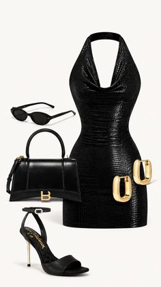 Black halter neck dress with matching accessories on a white background