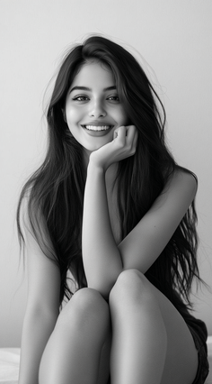 Smiling woman with long dark hair in a monochrome portrait