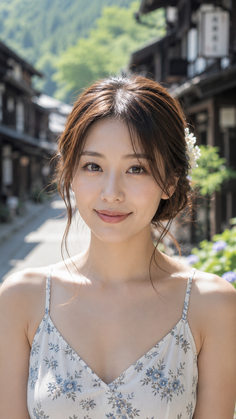Woman in a floral dress smiling in a traditional village setting