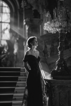 Woman in an off-shoulder dress standing in a grand hall with dramatic lighting
