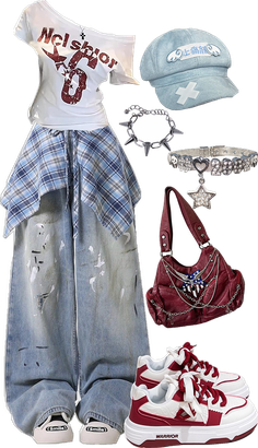 Full body flat lay of a casual outfit with baggy jeans and a plaid shirt
