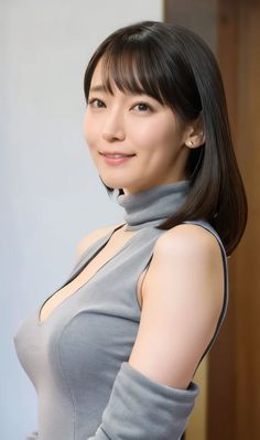 Woman with short hair wearing a grey turtleneck top with cleavage