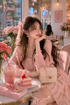 Woman in a pink outfit with strawberry cake and a drink at a cafe