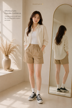 Woman in a white shirt and khaki shorts standing indoors with soft lighting
