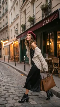 Woman in a red beret and black dress walking on a cobblestone street