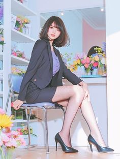 Woman in a business suit and fishnet stockings sitting in a bright room