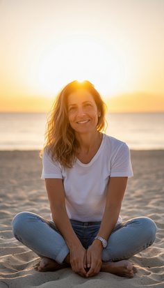 Woman sitting cross-legged on a beach at sunset, smiling at the camera