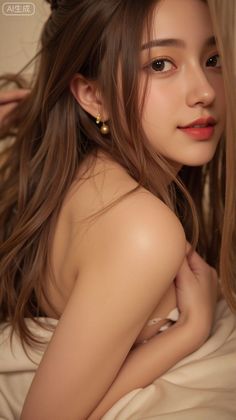 Woman with long brown hair and exposed shoulders, wearing earrings