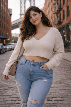 Woman with long hair wearing a crop top and ripped jeans on a city street