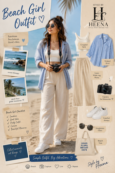 Woman in a beach outfit holding a camera, with various clothing items and accessories