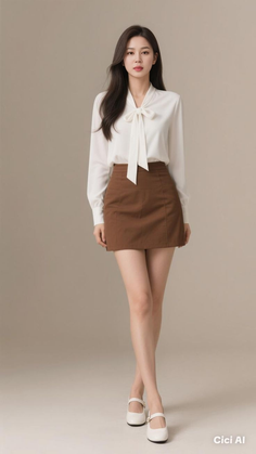 Woman with long dark hair wearing a white blouse and brown skirt in a studio