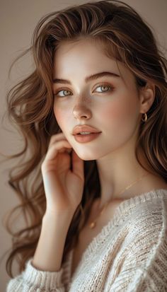 Woman with long brown hair and freckles wearing a knitted sweater and gold jewelry