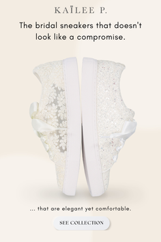 Two white bridal sneakers with lace and glitter details, facing each other