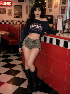 Woman in a cropped sweatshirt and denim shorts posing in a retro diner