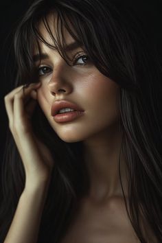 Realistic portrait of a woman with long dark hair and exposed skin