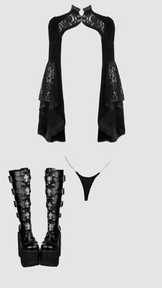 Gothic style clothing set with lace top, platform boots, and thong underwear