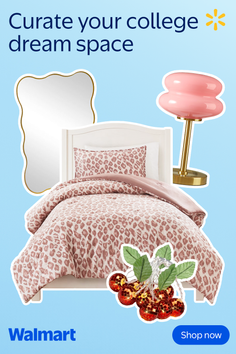 Bedroom decor items including a leopard print bedding set and pink lamp