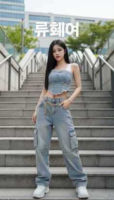 Woman in a denim top and cargo jeans standing on outdoor stairs