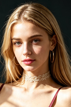 Blonde woman with long hair wearing a lace choker and hoop earrings