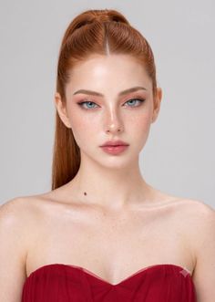 Woman with red hair and blue eyes wearing a red strapless dress